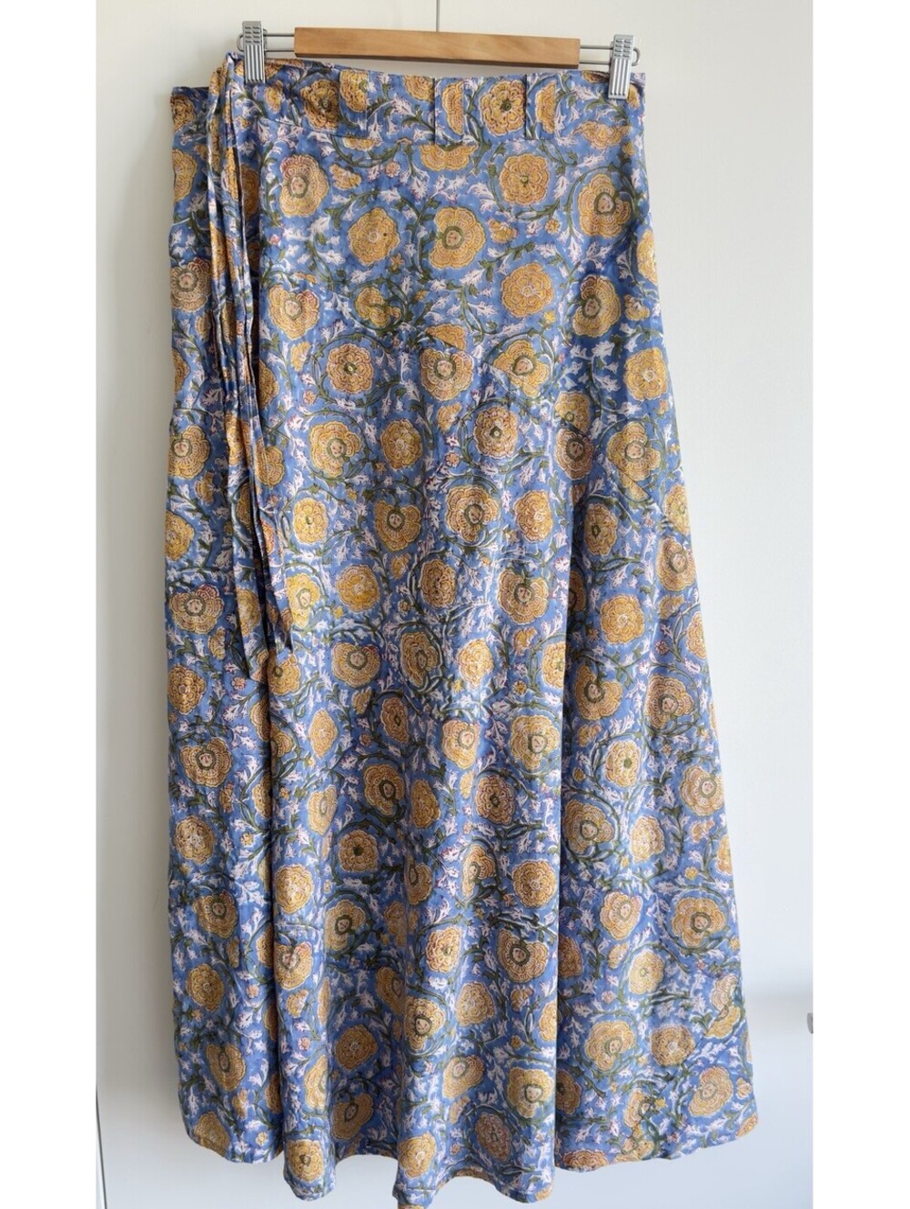 Banjaara Midi Wrap Skirt Blue Yellow Floral Hand Block Print Cotton L/XL - Picture 4 of 12